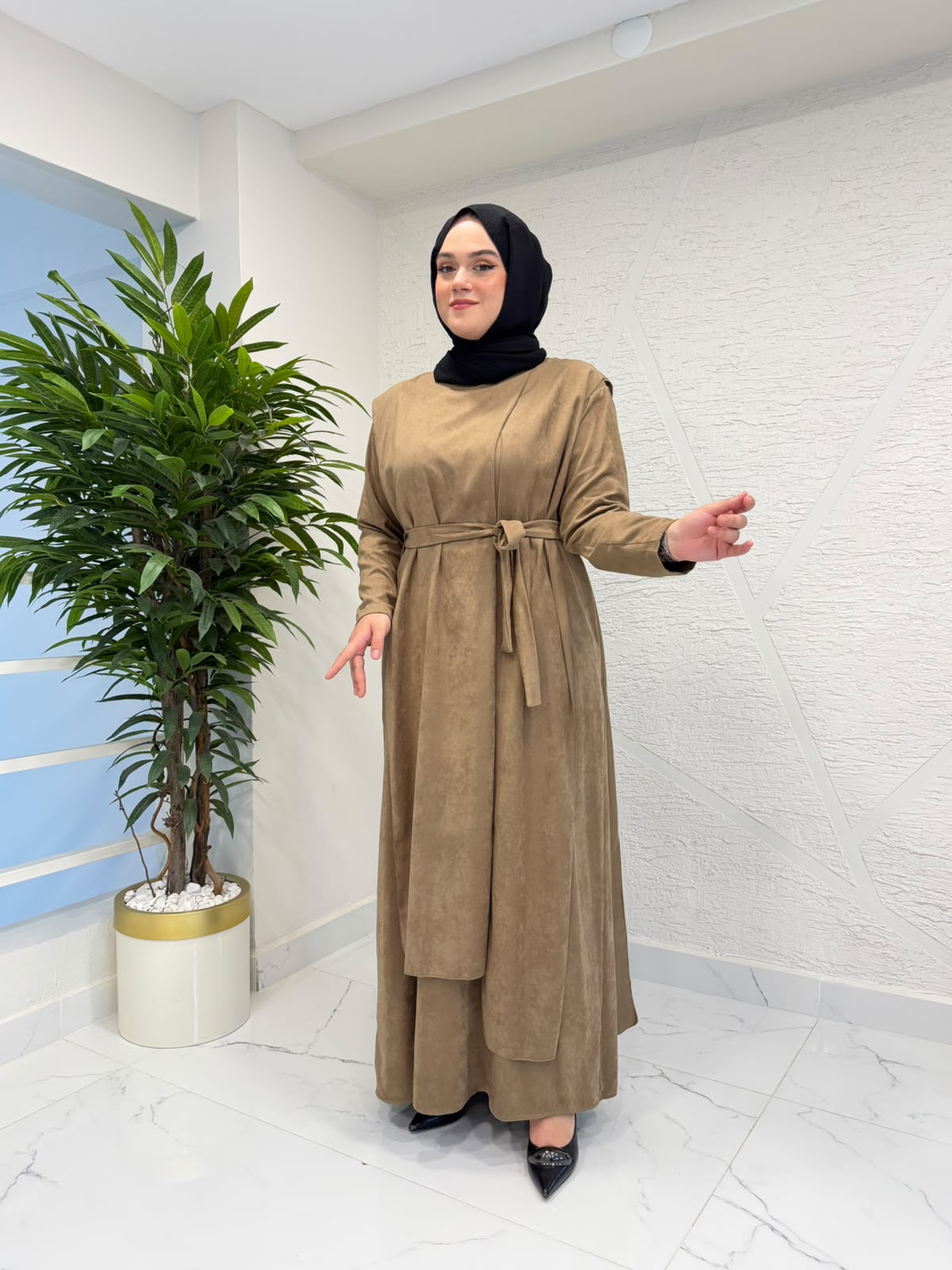 CEREMONY 26K720 ÖNÜ VE ARKASI PARÇALI VENÜS ELBİSE CAMEL
