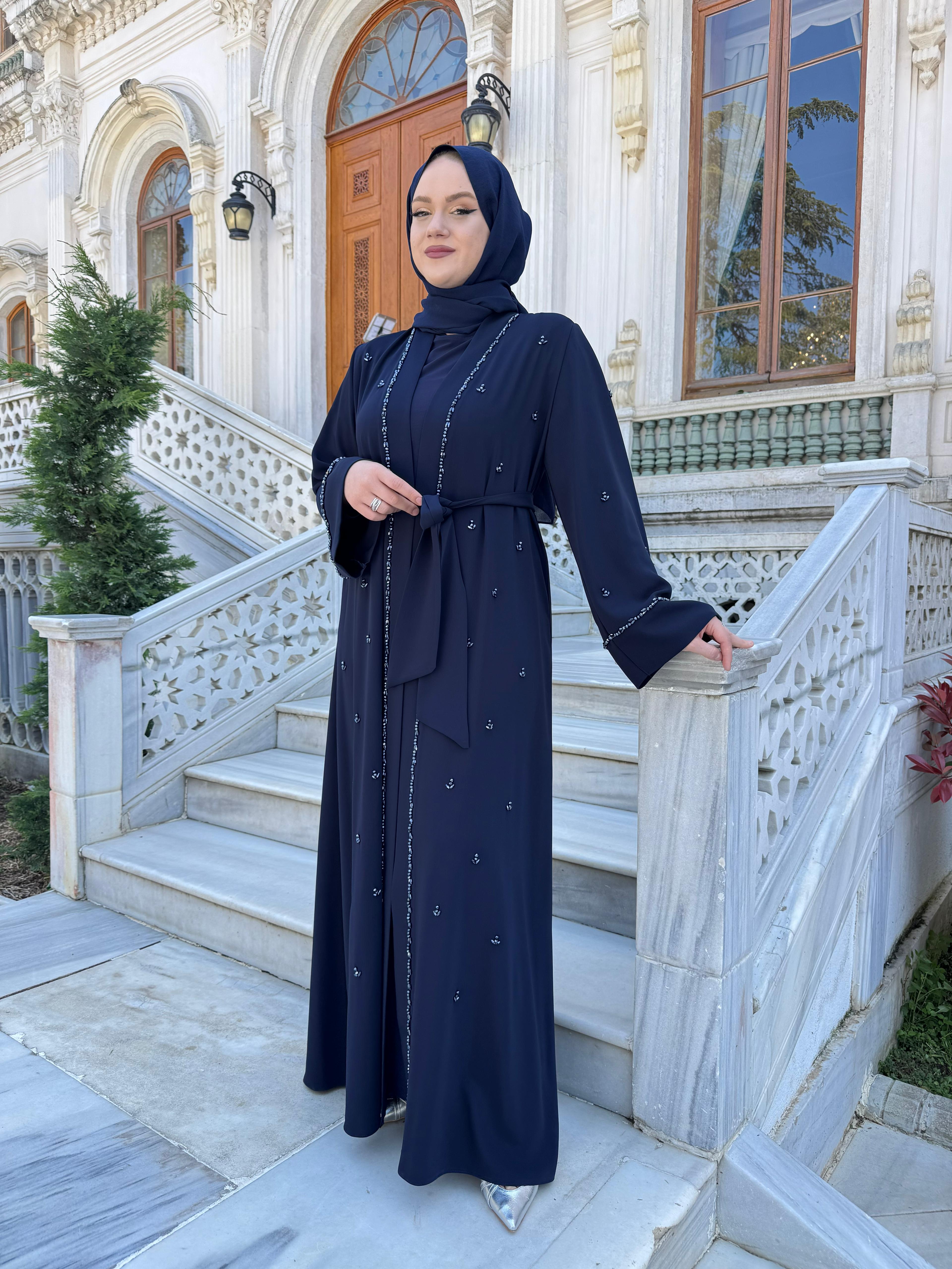 ETRUCCI 6278 (İÇLİKSİZ) ÖN PATI TAŞ İŞLEME DETAYLI ABAYA LACİVERT