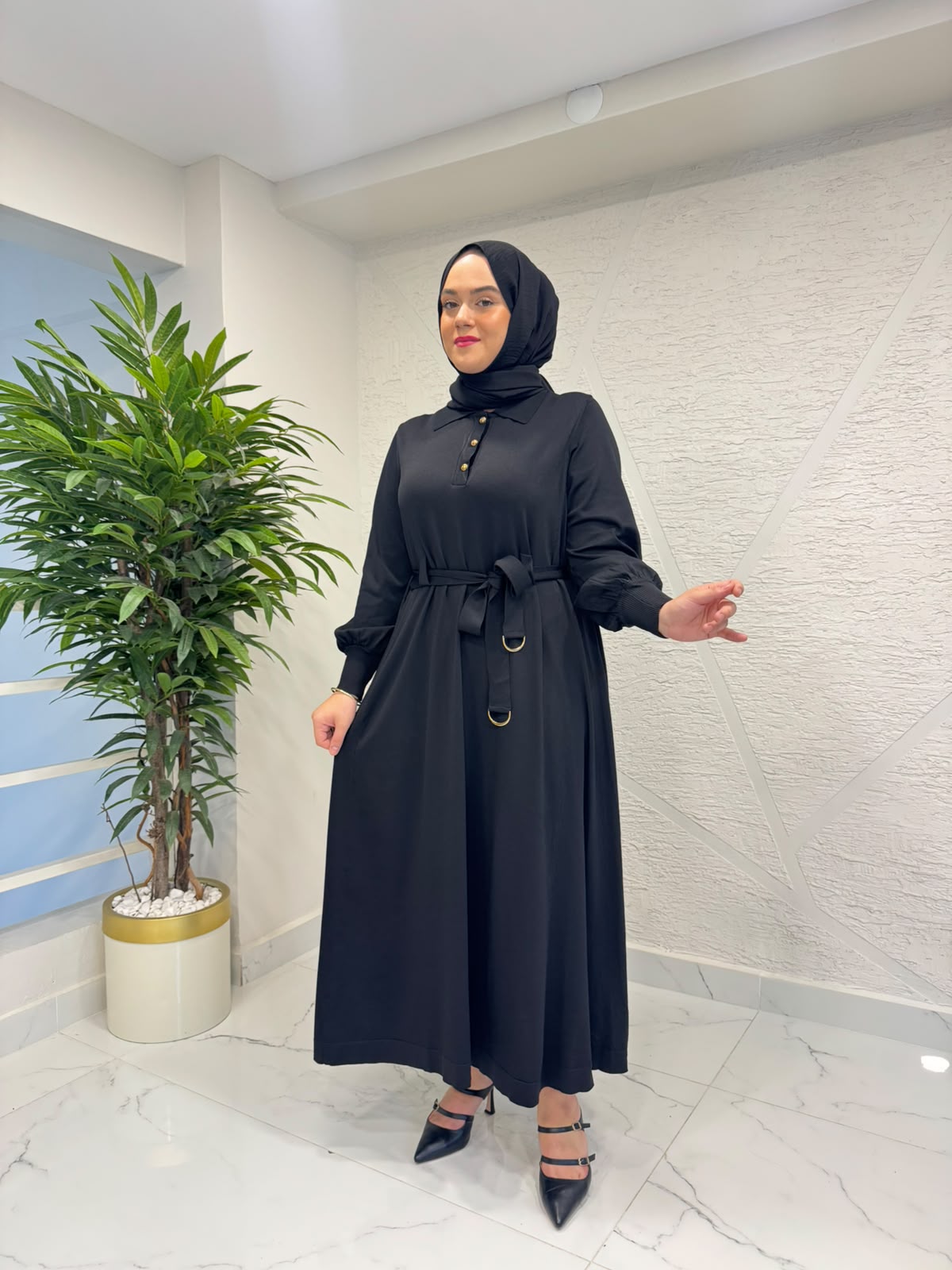 NİLİWİ 3075 BELİ KÖPRÜLÜ KUŞAKLI PATLI ELBİSE SİYAH
