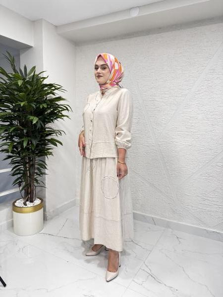 CLEMENCE 1447 KREP ETEKLİ TAKIM BEJ