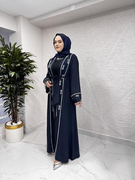 ETRUCCI 6213 BİYE VE EL İŞİ TAŞ İŞLEME DETAYLI ABAYA LACİVERT
