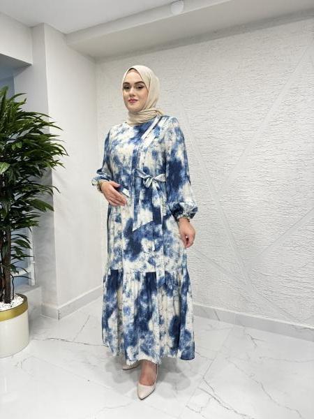 CEREMONY 5788 YANDAN BAĞLAMALI İÇLİKLİ CUPRA ELBİSE DESENLİ MAVİ