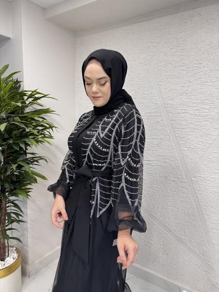 ETRUCCI 6229 BOYDAN TAŞ BASKI DETAYLI ETEĞİ FIRFIRLI ABAYA SİYAH