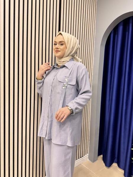 CEREMONY 5998 TUNİĞİNİN VE PANTOLONUNUN ÖNÜ SEDEF AKSESUARLI PANTOLONLU PASION TAKIM MAVİ