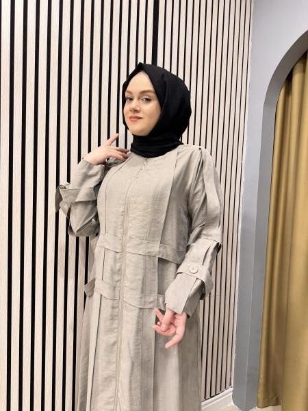 CEREMONY 5856 KOLU VE ÖN BEDENİ KAFES DETAYLI FERMUARLI PASION FERACE GRİ