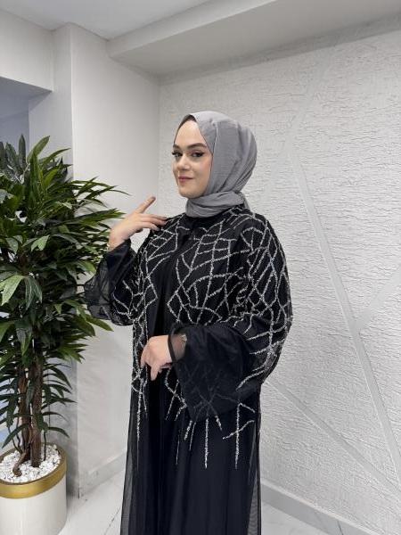 ETRUCCI 6227 TAŞ BASKI KARIŞIK DESENLİ TÜL ABAYA SİYAH