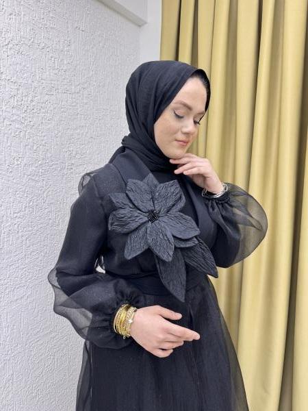 ORHAN 1999 SİMLİ ÇİÇEK DETAYLI İÇLİKLİ ABAYA SİYAH