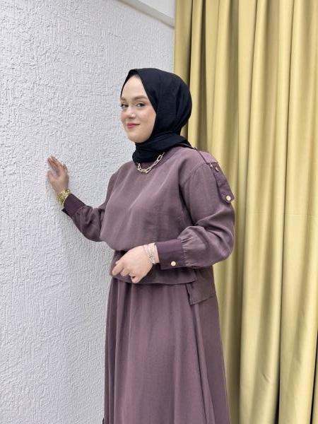 CEREMONY 5958 OMUZLARI APOLET DETAYLI DÜĞMELİ DUBAI GARNİLİ PASION ETEKLİ TAKIM KAHVERENGİ