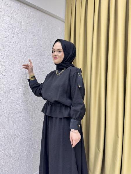 CEREMONY 5958 OMUZLARI APOLET DETAYLI DÜĞMELİ DUBAI GARNİLİ PASION ETEKLİ TAKIM SİYAH