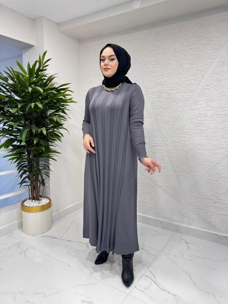 NİLİWİ 3069 ÖN ARKA KALIN FİTİLLİ TRİKO ELBİSE KOYU GRİ