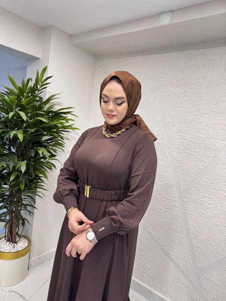 NİLİWİ 3084 ETEK UCU TİKTAK FIRFRILI TRİKO ELBİSE KAHVERENGİ