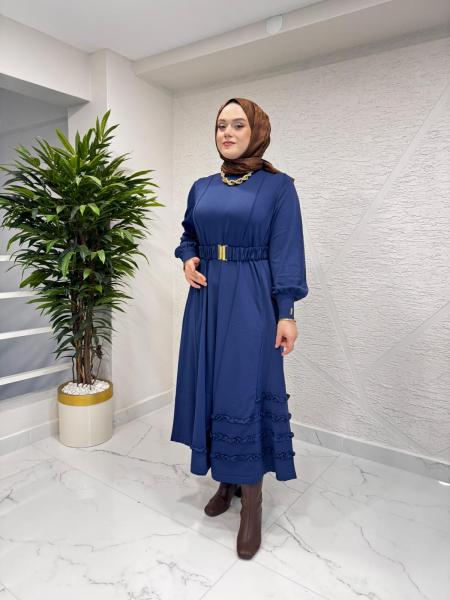 NİLİWİ 3084 ETEK UCU TİKTAK FIRFRILI TRİKO ELBİSE LACİVERT