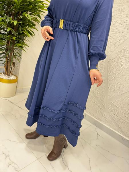 NİLİWİ 3084 ETEK UCU TİKTAK FIRFRILI TRİKO ELBİSE LACİVERT