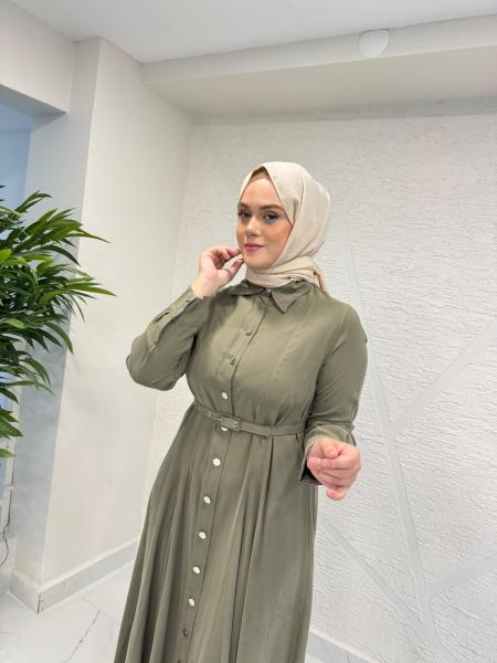 MİHRAN 3089 KEMER VE DÜĞMELİ ELBİSE HAKİ