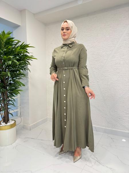 MİHRAN 3089 KEMER VE DÜĞMELİ ELBİSE HAKİ