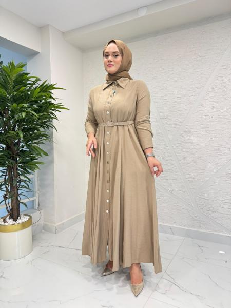 MİHRAN 3089 KEMER VE DÜĞMELİ ELBİSE VİZON