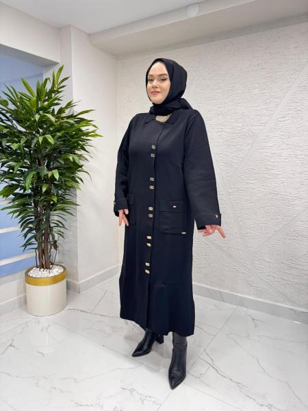 NİLİWİ 3114 KOLLARI VE CEBİ DUBLE UZUN TRİKO HIRKA SİYAH