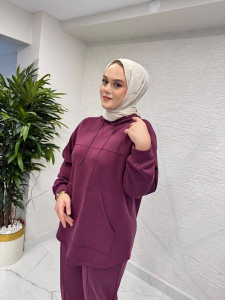 İKOL 36056 KESİK DETAYLI KANGURU CEPLİ TAKIM BORDO