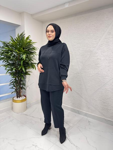 İKOL 36056 KESİK DETAYLI KANGURU CEPLİ TAKIM SİYAH