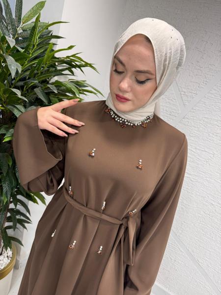 ETRUCCI 4130 TAŞ İŞLEMELİ ABAYA KAHVERENGİ