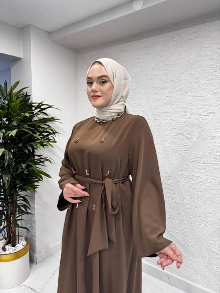 ETRUCCI 4130 TAŞ İŞLEMELİ ABAYA KAHVERENGİ