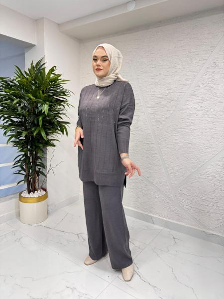 FUAT GÜRŞEN 4350 BLUZU TAŞ İŞLEMELİ PANTOLON TAKIM GRİ