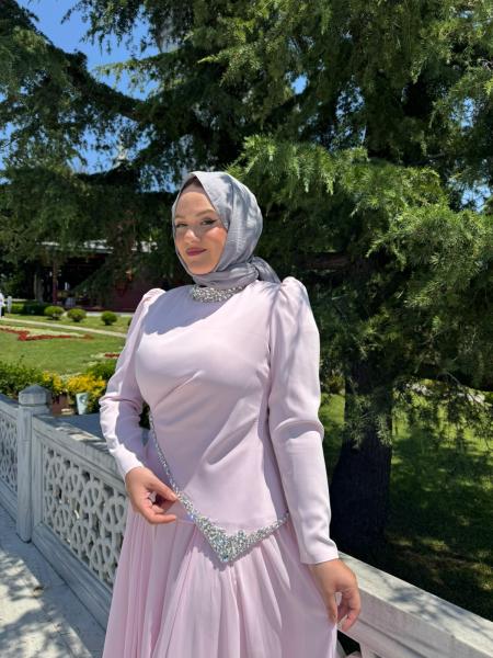 TUAY 4502 KREP ABİYE ELBİSE PEMBE
