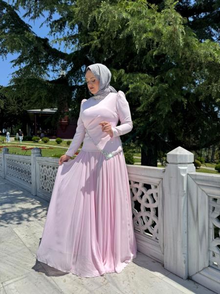 TUAY 4502 KREP ABİYE ELBİSE PEMBE