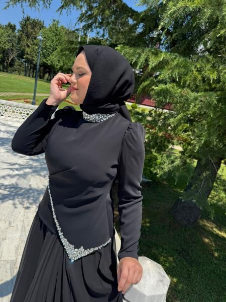 TUAY 4502 KREP ABİYE ELBİSE SİYAH