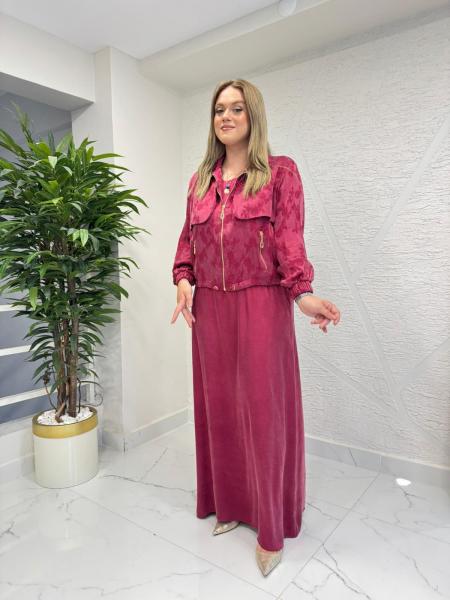 MYRED 50483 CEKETİ YAPRAK DESENLİ ELBİSE TAKIM BORDO