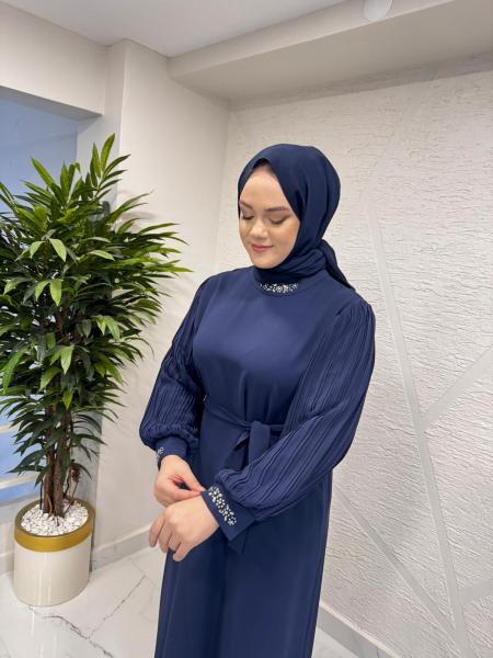 CLEMENCE 5449 KREP TAŞLI ELBİSE LACİVERT