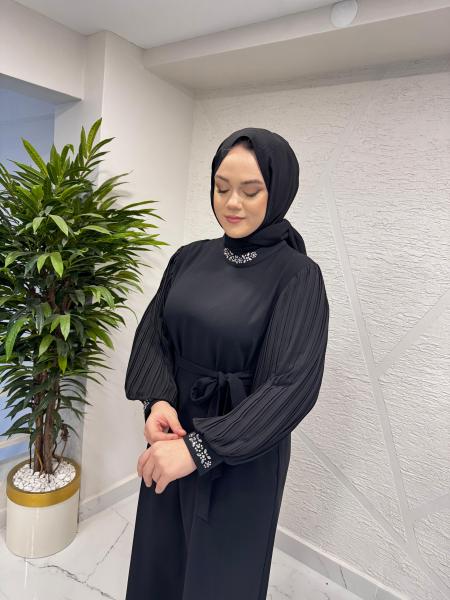 CLEMENCE 5449 KREP TAŞLI ELBİSE SİYAH