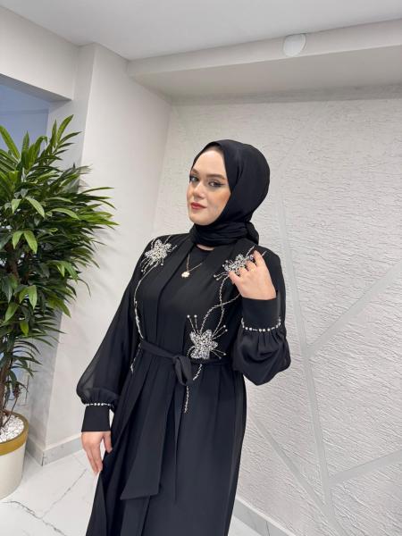 ETRUCCI 6202 (3803 İÇLİK DAHİL) KOLLARI ŞİFON VE OMUZDAN AŞAĞI TAŞ İŞLEMELİ ABAYA SİYAH