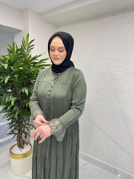 LISSMORE 6275 KOLLARI VE ETEK UCU DANTEL DETAYLI ELBİSE HAKİ