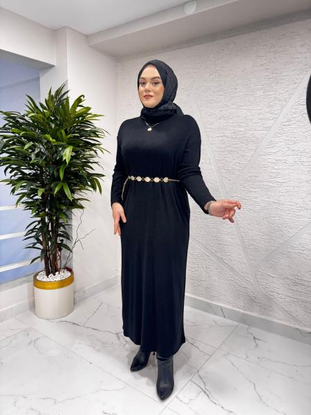 CEREMONY 6716 BALIKÇI YAKA KEMER AKSESUARLI TRİKO ELBİSE SİYAH