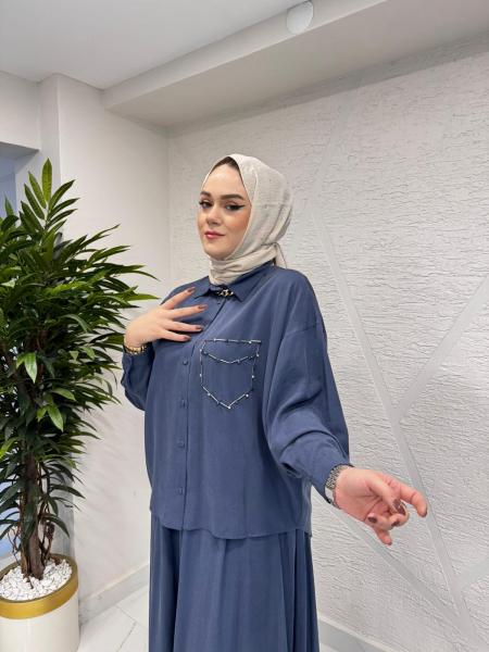 CEREMONY 6945 TUNİĞİ BONCUK İŞLEMELİ ETEKLİ TAKIM İNDİGO