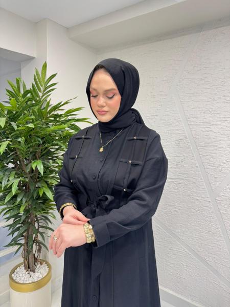 CEREMONY 26Y702 KAFES DETAYLI BELDEN KUŞAKLI KETEN ELBİSE SİYAH