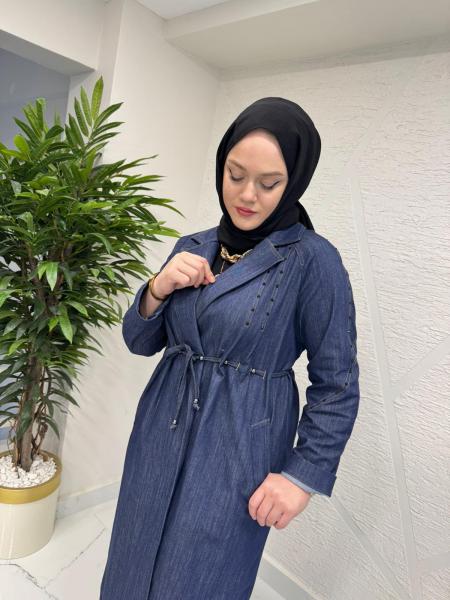 CEREMONY 26Y825 BELDEN KUŞAKLI İNCİ DETAYLI DENİM KAP MAVİ