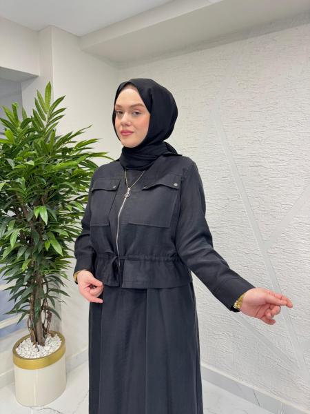 CEREMONY 26Y909 BELİ BÜZGÜLÜ VE FERMUAR DETAYLI SAFARİ BOLEROLU ELBİSE SİYAH