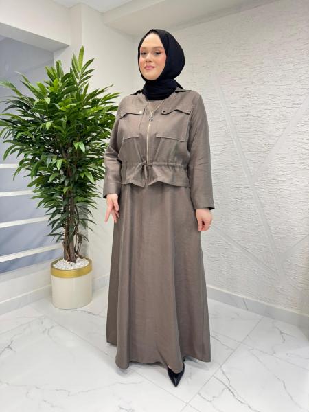 CEREMONY 26Y909 BELİ BÜZGÜLÜ VE FERMUAR DETAYLI SAFARİ BOLEROLU ELBİSE VİZON