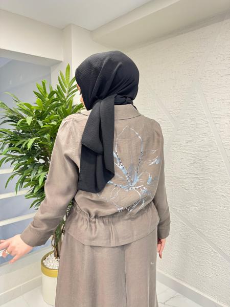 CEREMONY 26Y909 BELİ BÜZGÜLÜ VE FERMUAR DETAYLI SAFARİ BOLEROLU ELBİSE VİZON