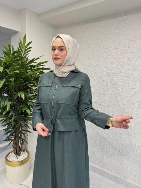 CEREMONY 26Y909 BELİ BÜZGÜLÜ VE FERMUAR DETAYLI SAFARİ BOLEROLU ELBİSE YEŞİL