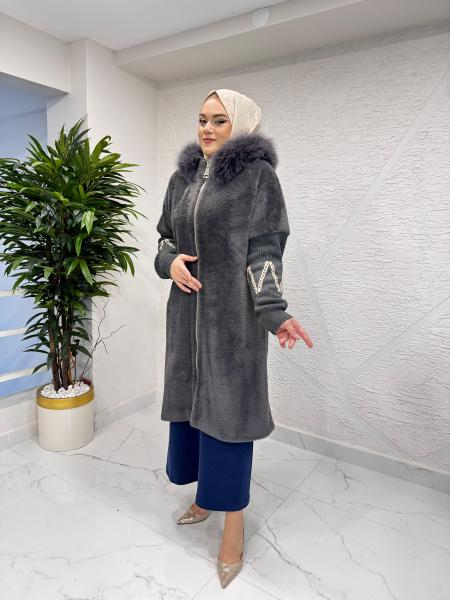 ETRUCCI 7131 KOLLARI DESENLİ TRİKO KAPÜŞON KÜRK DETAYLI KABAN GRİ