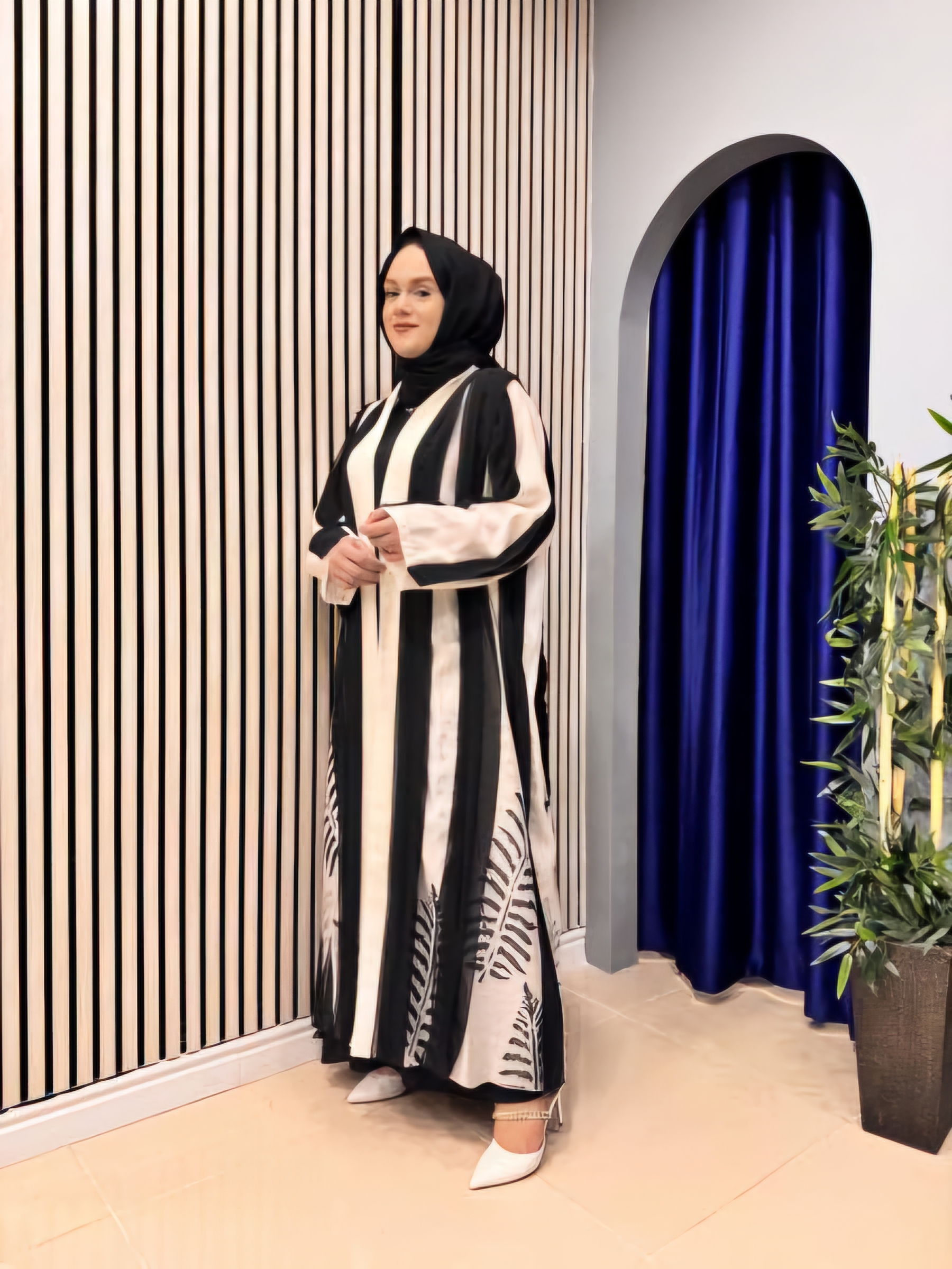 CEREMONY 5828 ABAYA YAPRAK DESEN KAP EKRU