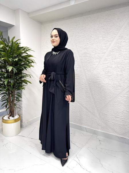 ETRUCCI 6215 KOL UCU VE CEP KENARLARINDA TAŞ İŞLEMELİ ABAYA SİYAH