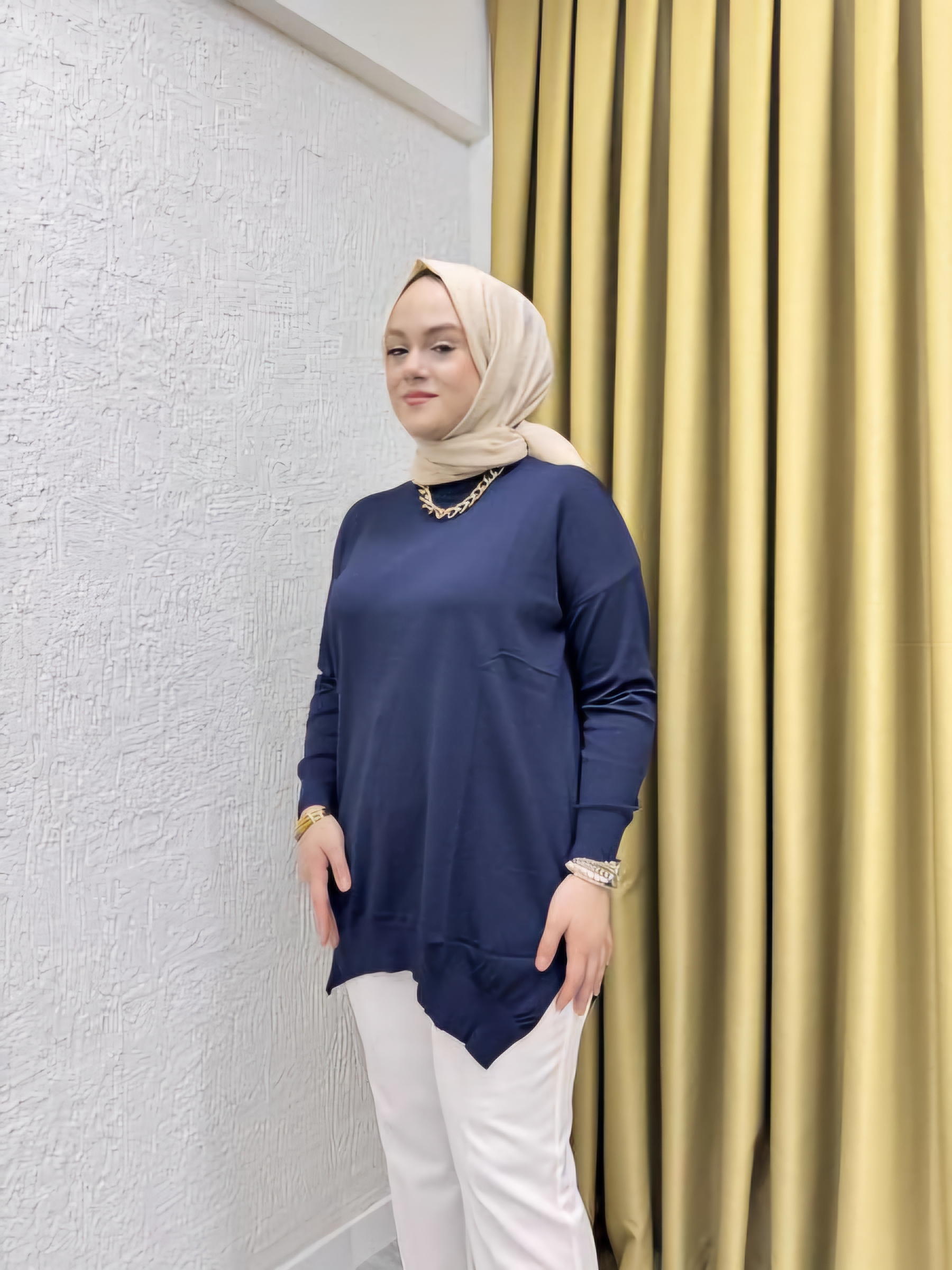 FK 1003 MERSERİZE UZUN TUNİK LACİVERT
