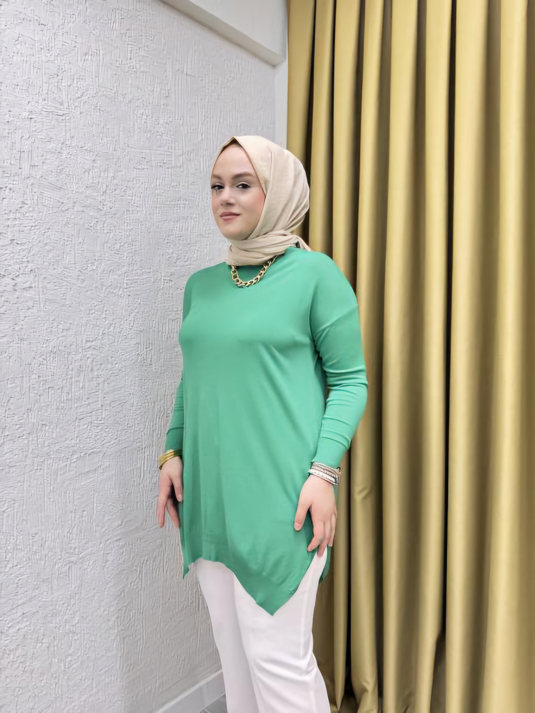 FK 1003 MERSERİZE UZUN TUNİK YEŞİL