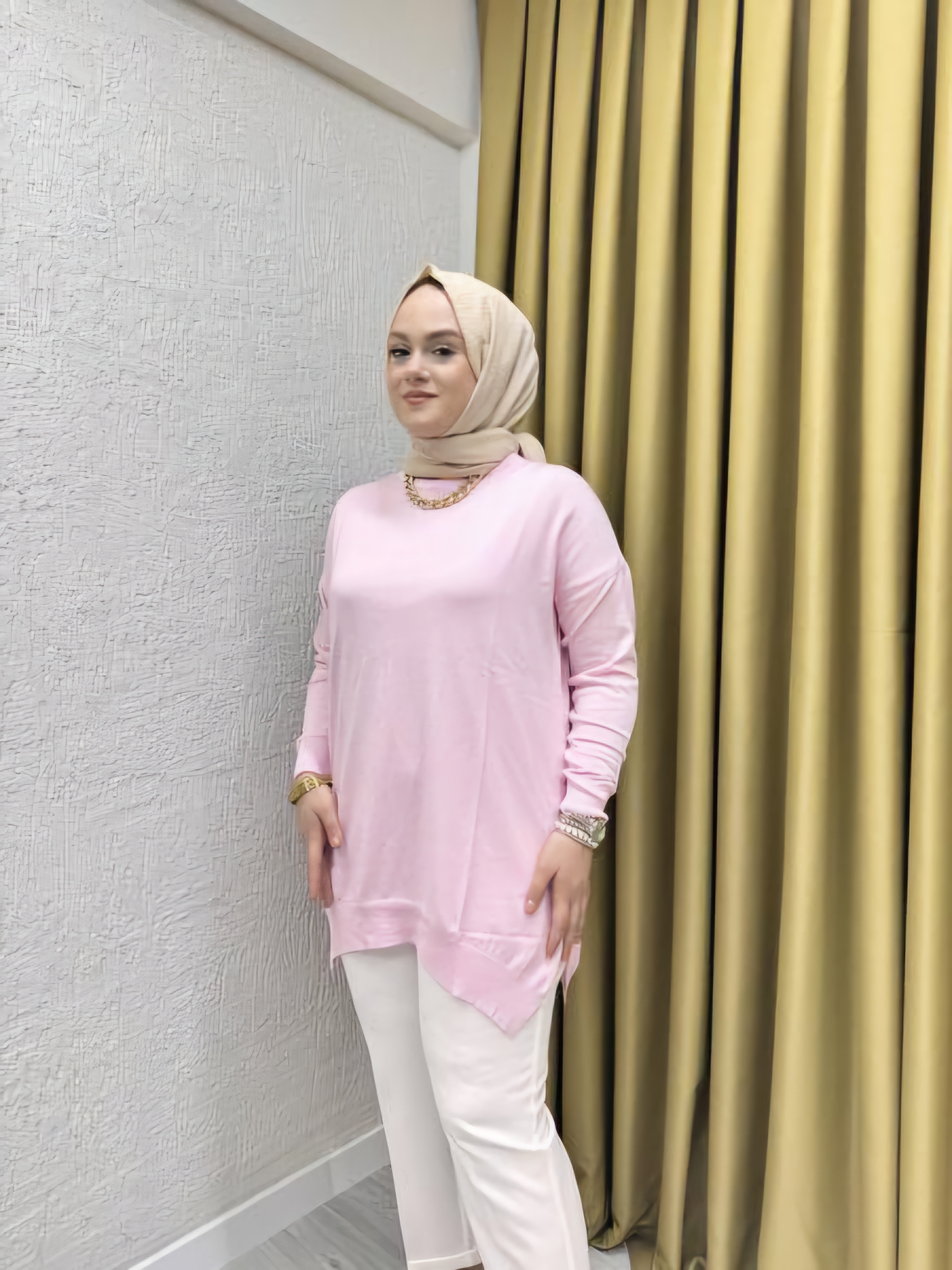 FK 1003 MERSERİZE UZUN TUNİK TOZ PEMBE