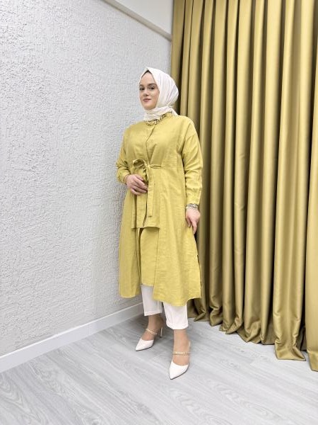 CEREMONY 5126 İÇTEN GEÇİRME KEMERLİ ÖNDEN DÜĞME VE KAT KAT DETAYLI UZUN PASION TUNİK AMBER
