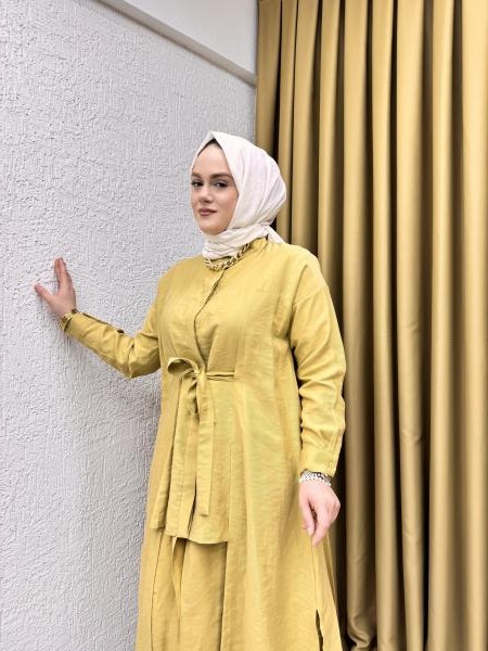 CEREMONY 5126 İÇTEN GEÇİRME KEMERLİ ÖNDEN DÜĞME VE KAT KAT DETAYLI UZUN PASION TUNİK AMBER